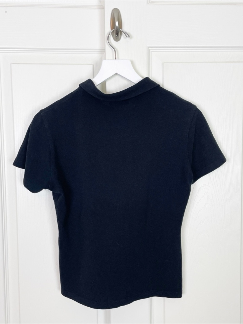 Burberry London Black Pique Knit Cropped Polo Shirt Plaid Trim Sz M - Picture 4 of 10